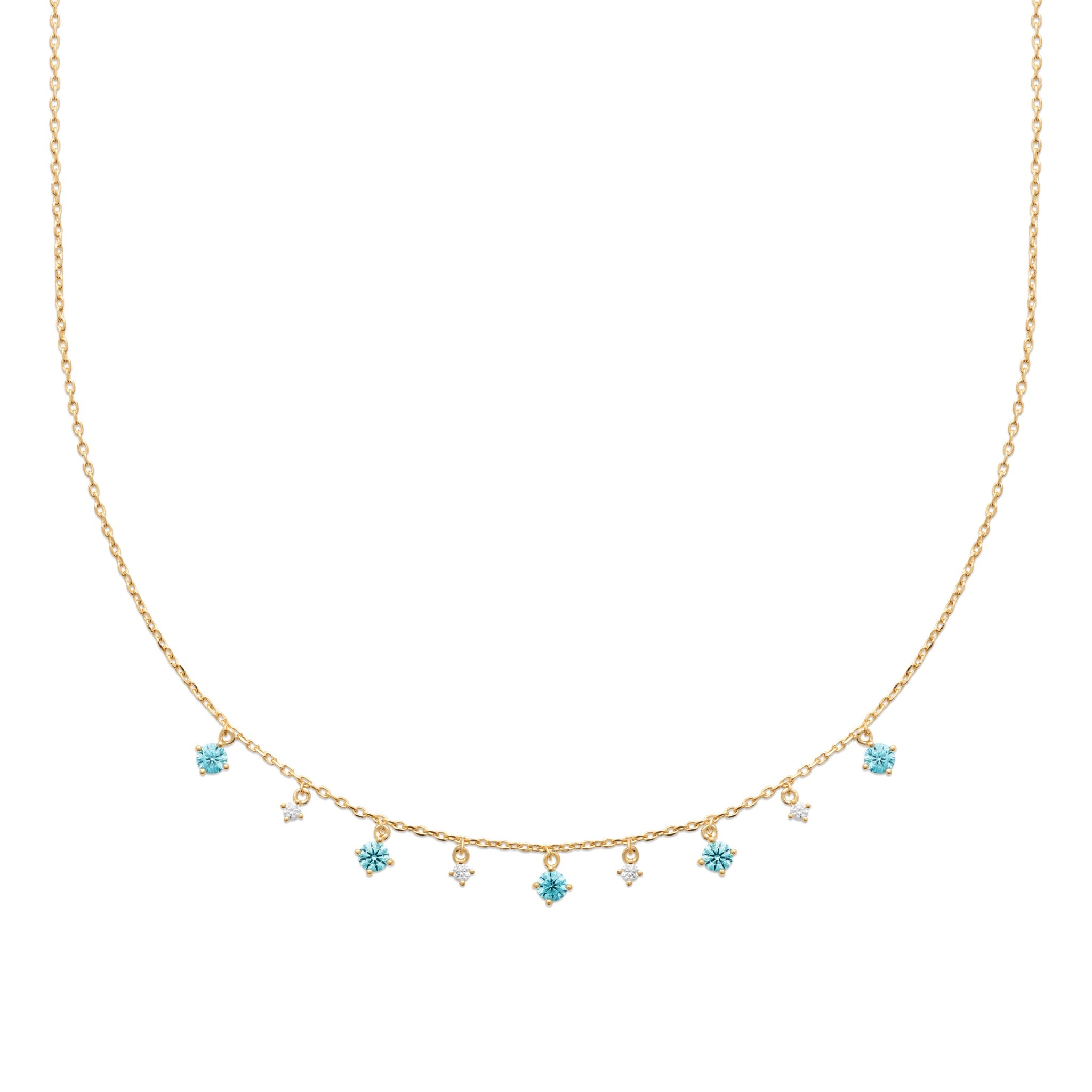 Collier doré Queena pampilles zircons blanc et bleu - Bijou photographié sur fond blanc