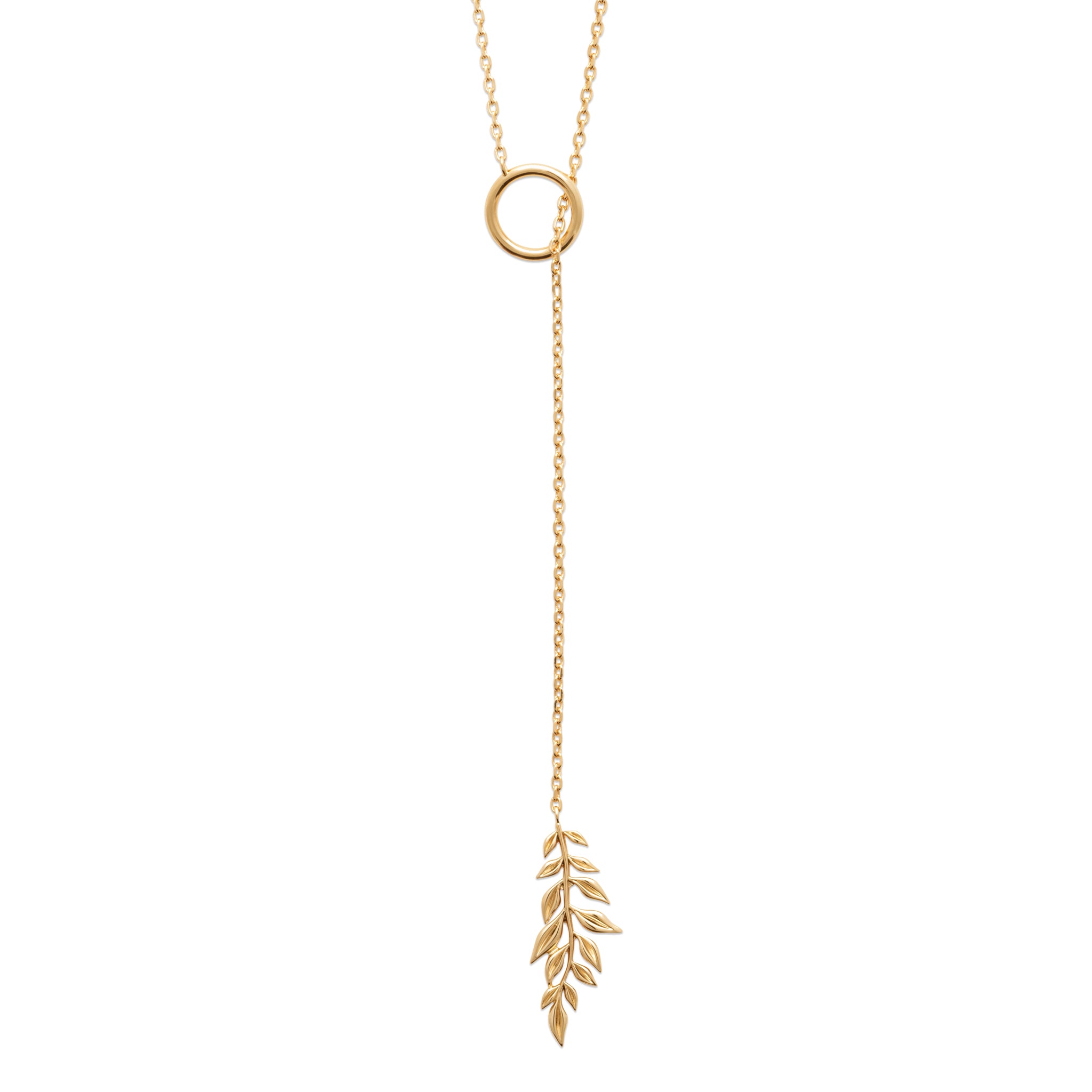 Collier sautoir doré Bingin avec pendentif feuille - Bijou photographié sur fond blanc