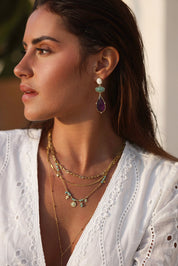 Collier triple doré Nino amazonite empierré avec pendentifs - Bijou porté