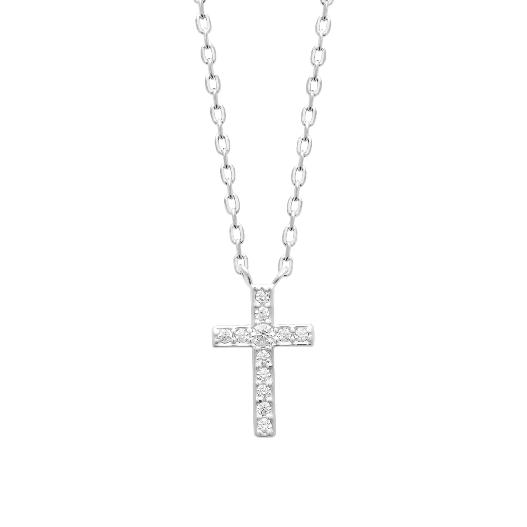 Collier argent Maria croix zircons - Bijou photographié sur fond blanc