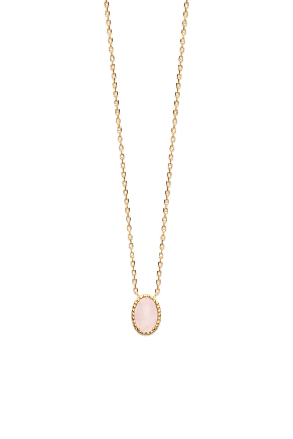 Collier doré Sélène orné d'une pierre ovale en quartz rose - Bijou photographié sur fond blanc