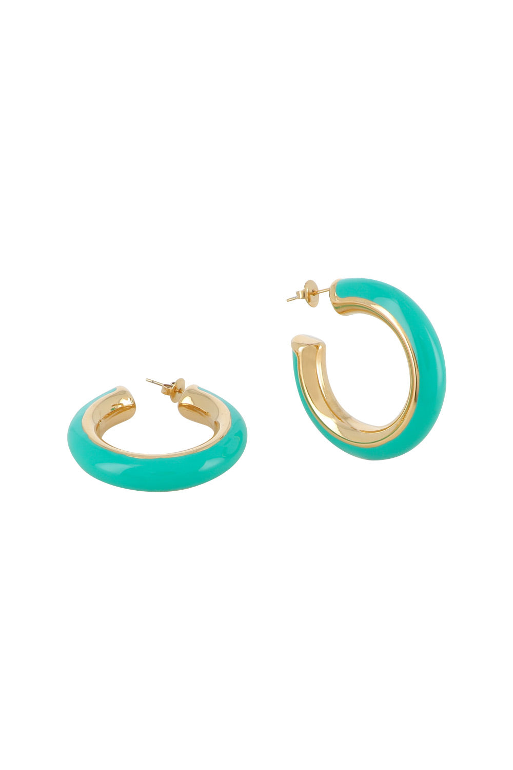 Créoles dorées Albina turquoise en émail et acier inoxydable - Bijou photographié sur fond blanc