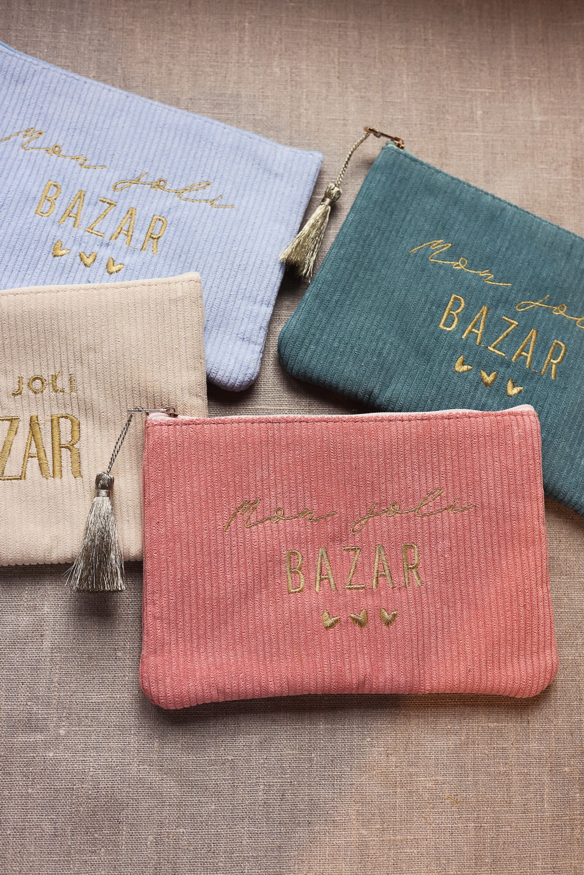 Pochette en velours côtelé zipée avec inscription mon joli bazar blush - Accessoire
